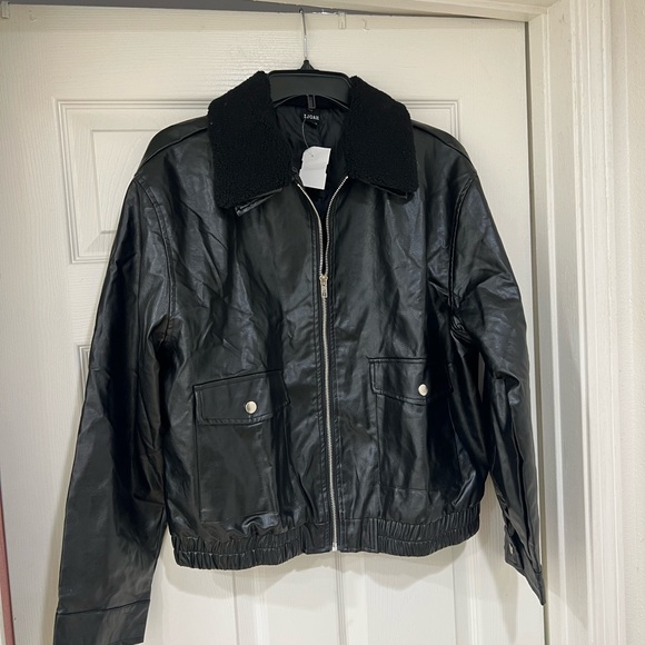 NEW faux Leather sherpa collar bomber Jacket - Picture 5 of 6